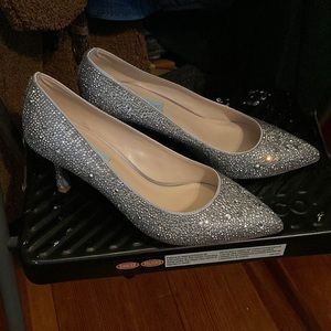 Betsey Johnson silver rhinestone kitten heel 2.5in